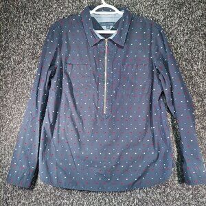 Tommy Hilfiger Women's Long Sleeve Half Zip Roll Tab Popover Shirt Blue Large